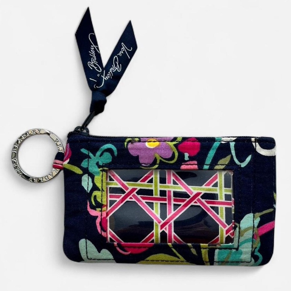 Vera Bradley Zip ID Card Case Wallet Pouch Keyring Ribbons Floral Print Y2K
